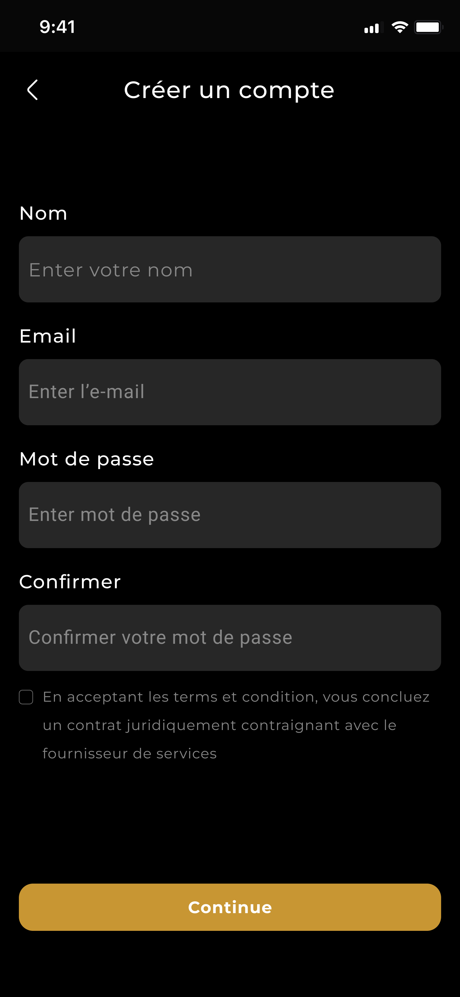 Create account screen