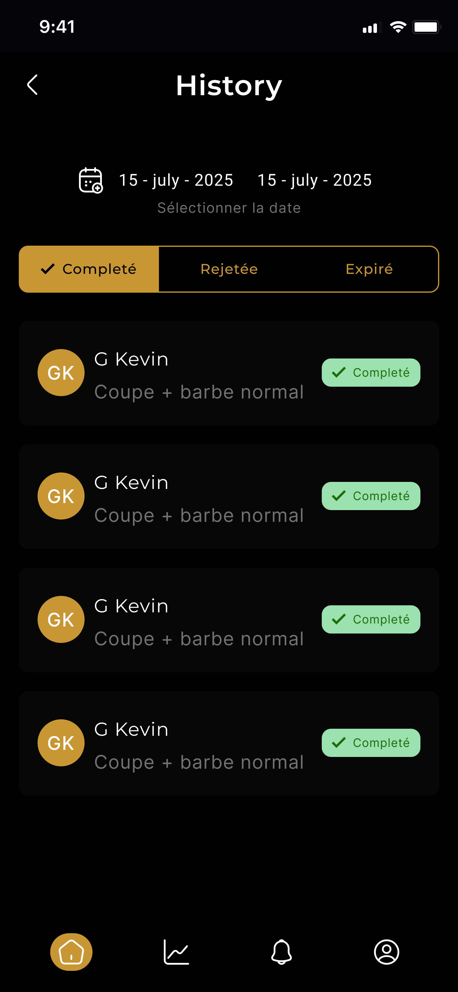 Completed booking history